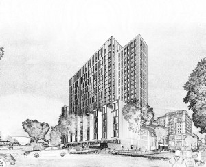 Signature luxury apartments in Reston, VA, featuring rendered view of the building.